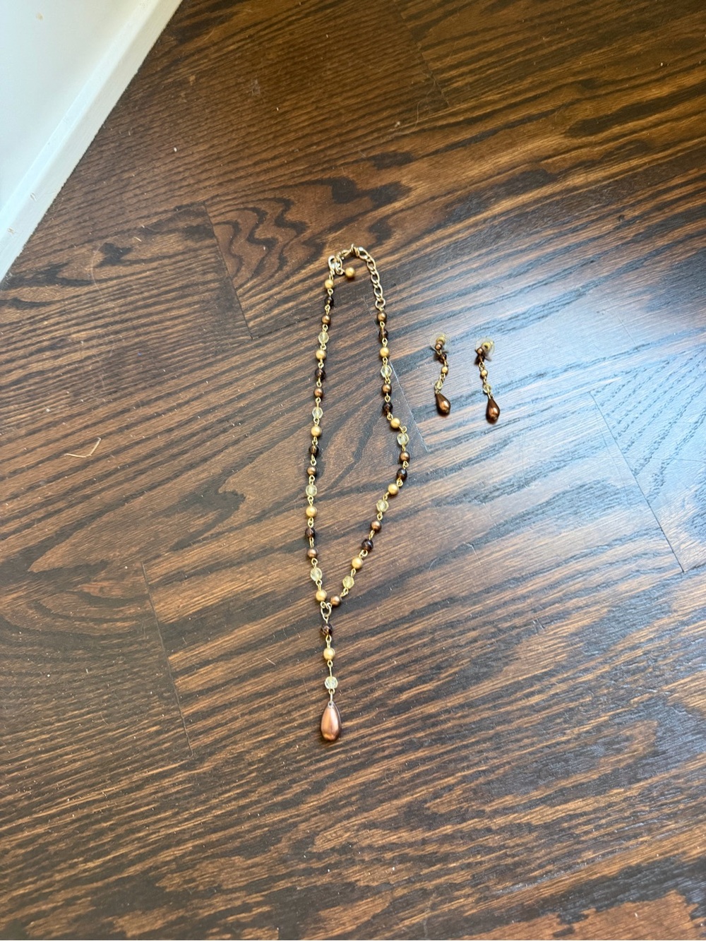Gold-Tone Beaded Teardrop Necklace and Earring Set
